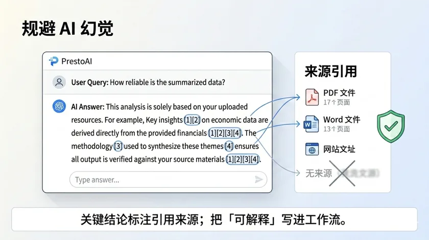规避 AI 幻觉：回答附带 PDF、文档、网页等来源引用，便于核对