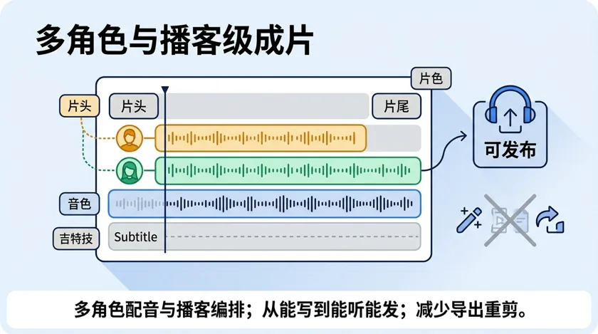 多角色与播客级成片：多轨配音、片头片尾与可发布成品